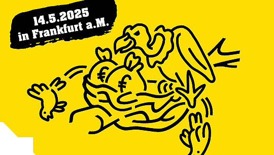 Eine Grafik eines Geiers, der Küken aus einem Nest kickt. 